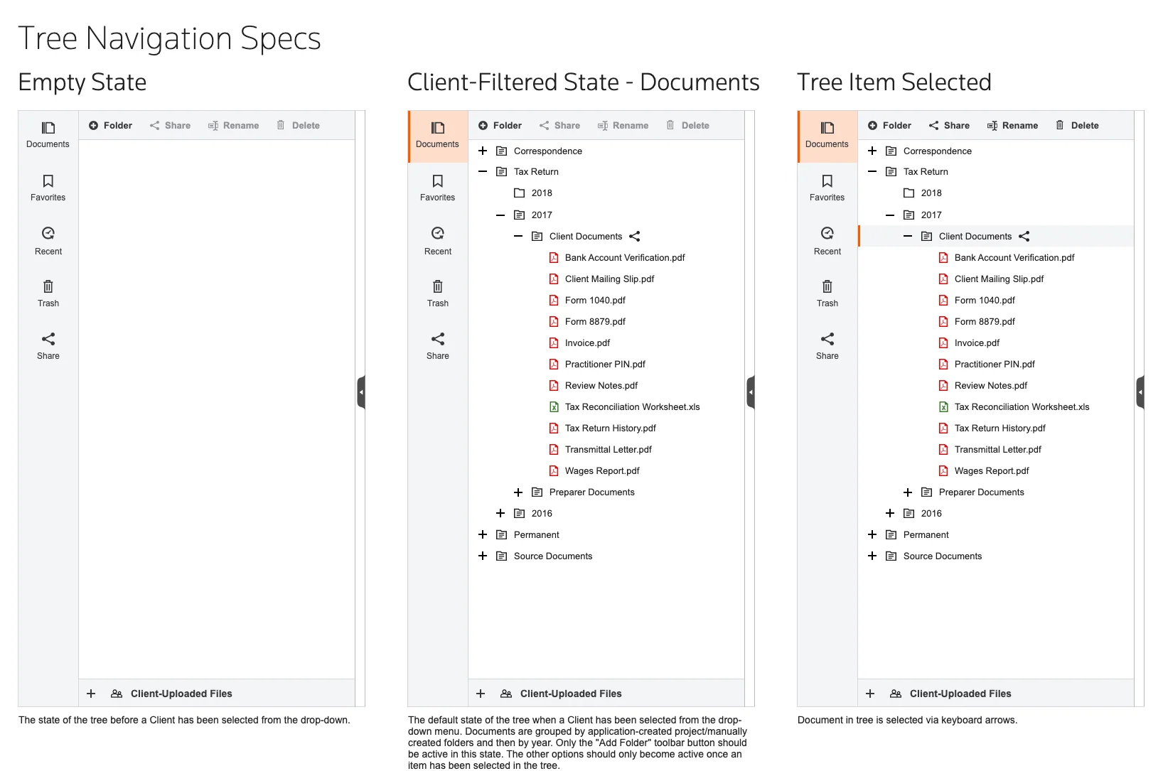 Design specifications for redesigned Onvio Documents screen
