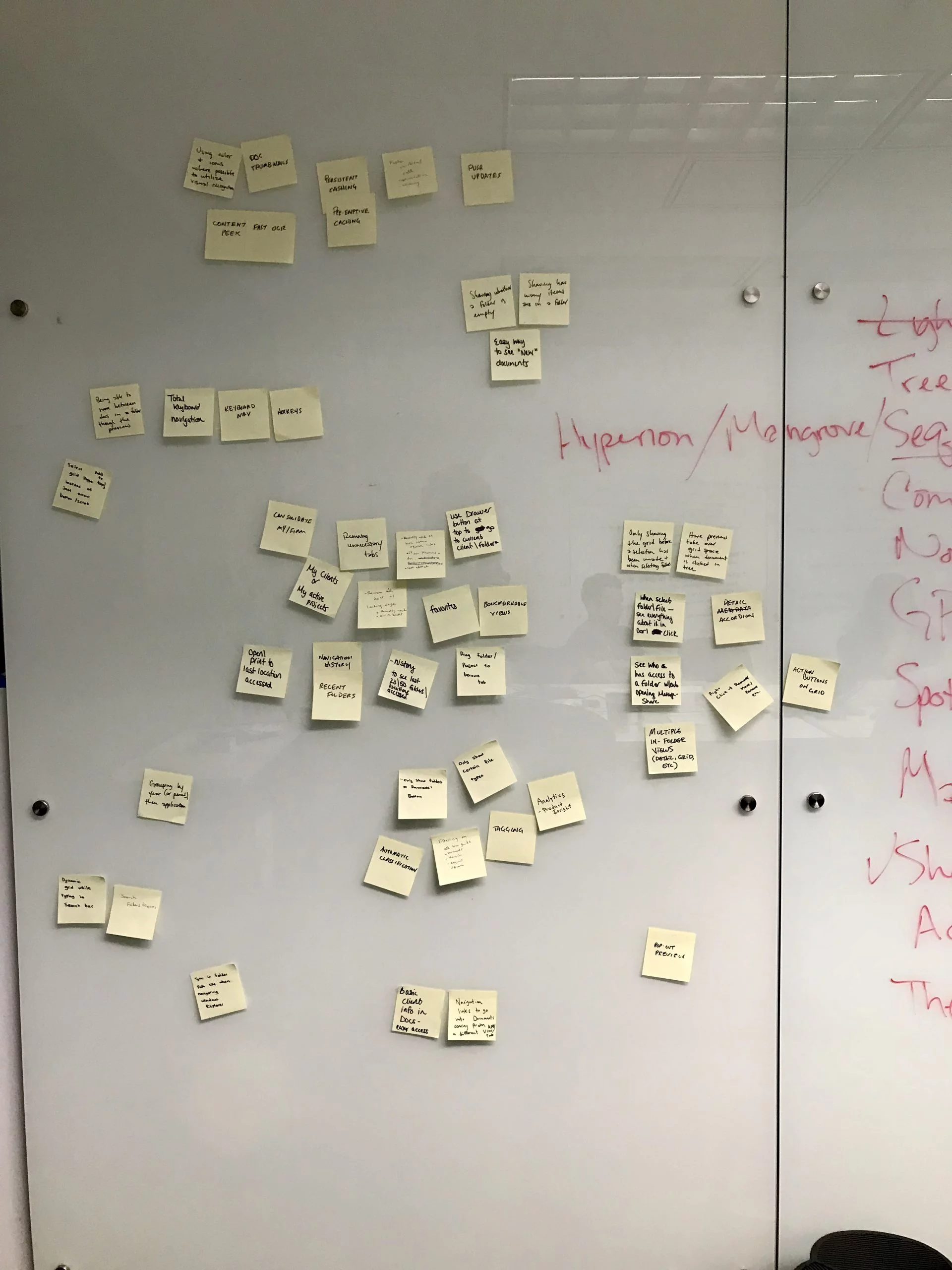 Sticky notes from feature-brainstorming session with Onvio Documents development team