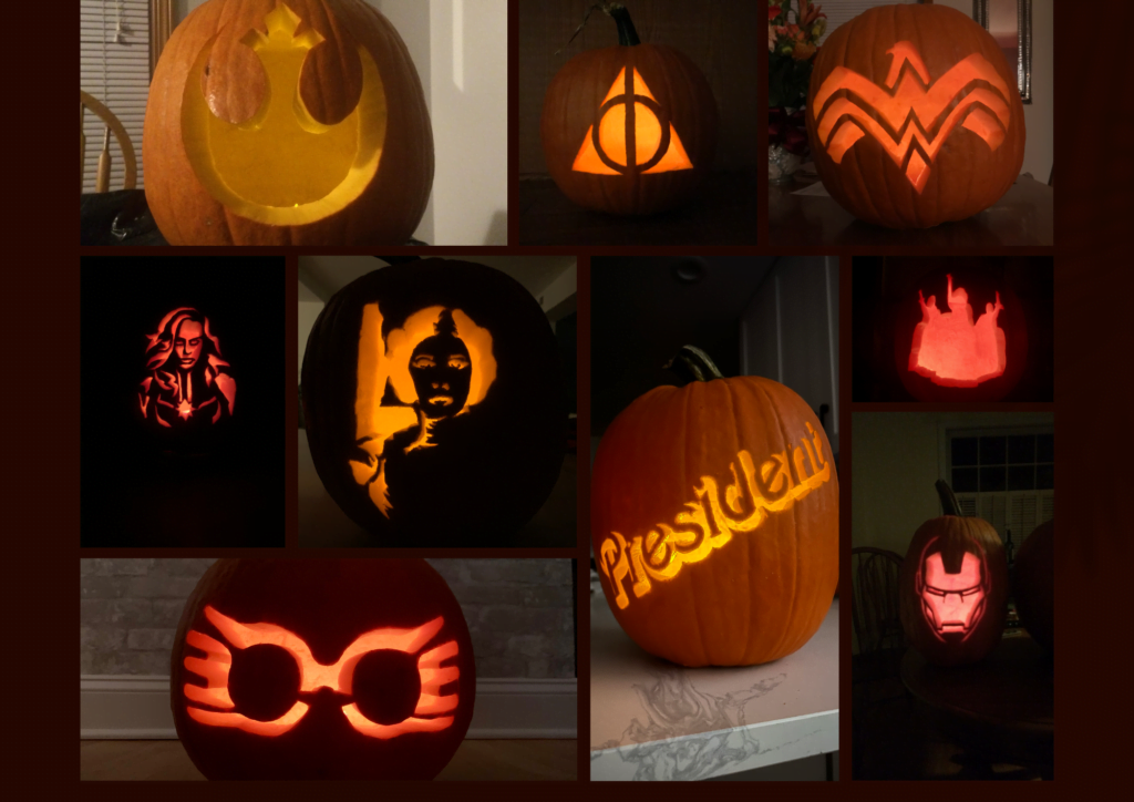 Collage of Kristen's carved pumpkins over the years